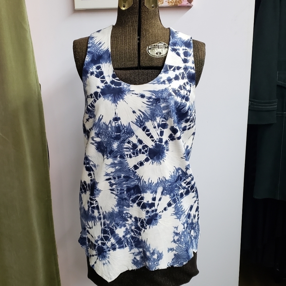 Alexander Wang Blue White Tie Dyed Raw Edge Lambskin Leather Asymmetrical Top
